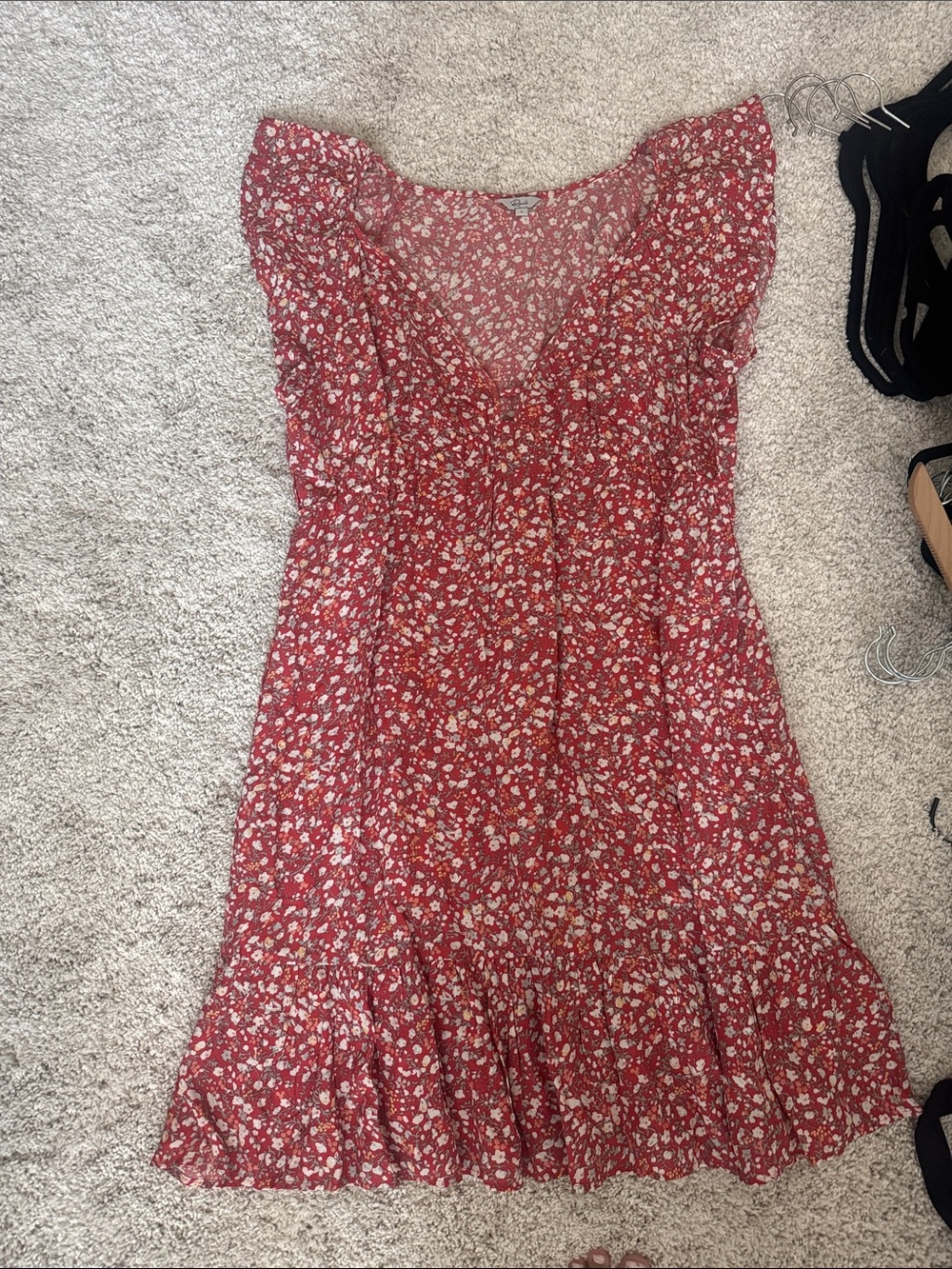 Rails Red Floral V-Neck Ruffle Tea Dress